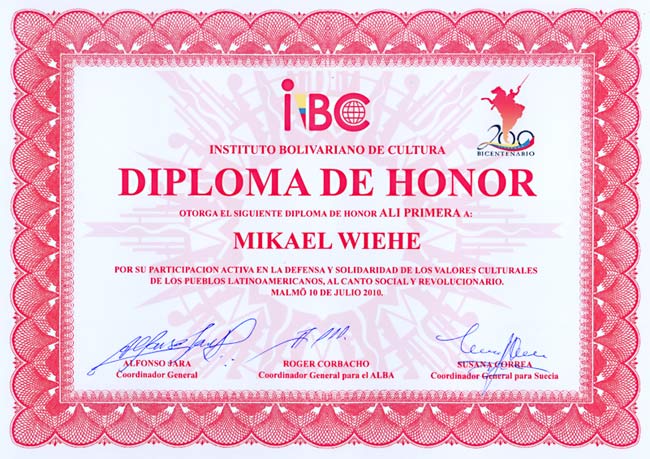 Hedersdiplom från Bolivarianska Kulturinstitutet